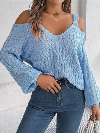 Long Sleeves Loose Cable Knit Solid Color Cold Shoulder Sweater Tops