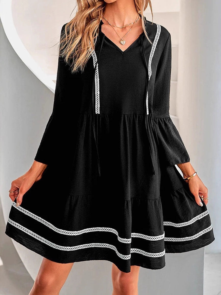 Flared Sleeves High Waisted Pleated Split-Joint V-Neck Mini Dresses