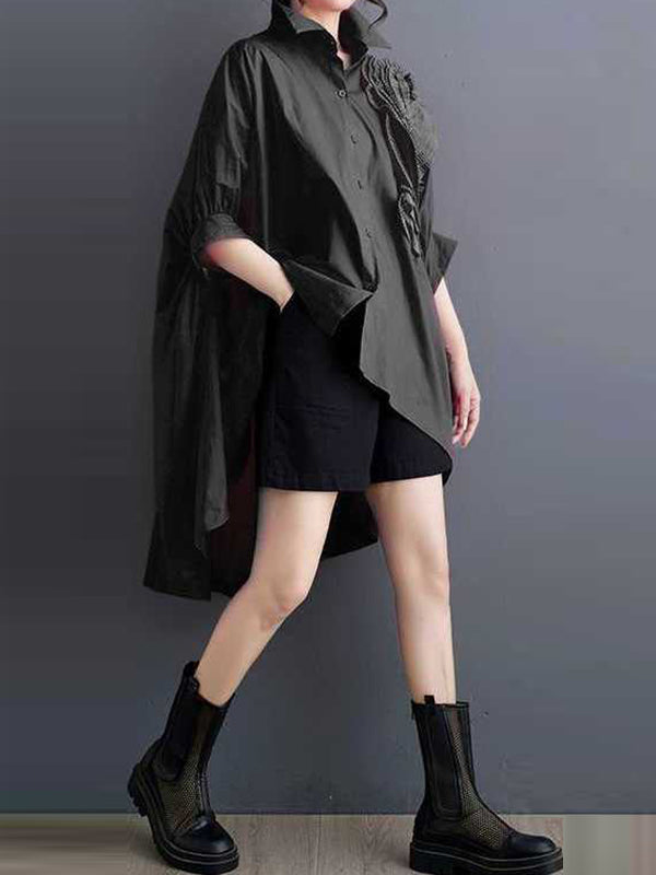 Batwing Sleeves Half Sleeves Asymmetric Buttoned Pleated Solid Color Three-Dimensional Flower Lapel Blouses&Shirts Tops