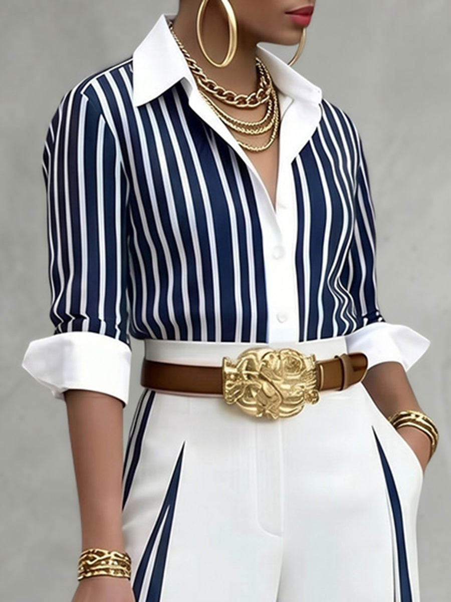 Long Sleeves Buttoned Contrast Color Striped Lapel Blouses&Shirts Tops
