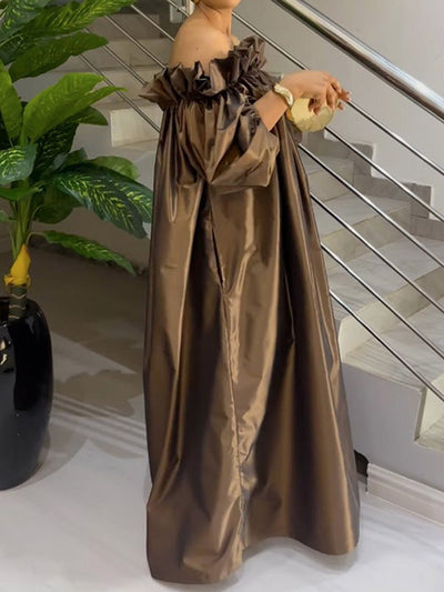 Loose Puff Sleeves Falbala Pleated Solid Color Off-The-Shoulder Maxi Dresses