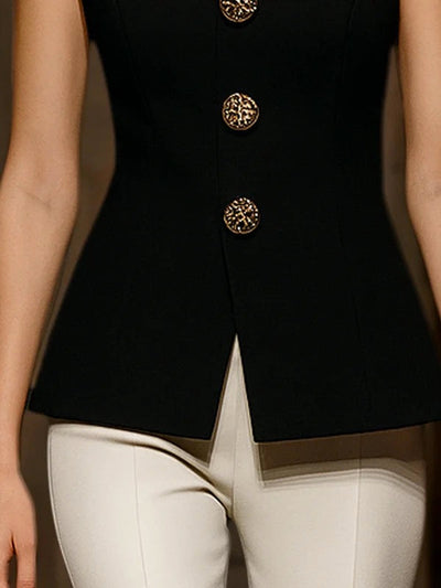 Sleeveless Buttoned Solid Color Round-Neck Vest Top