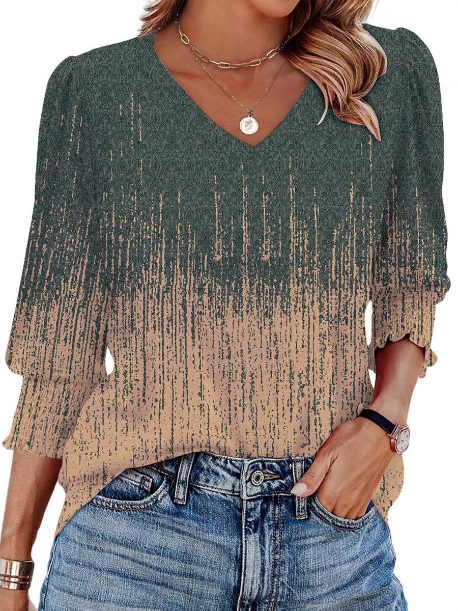 Long Sleeves Loose Contrast Color Pleated Printed Split-Joint V-Neck T-Shirts Tops