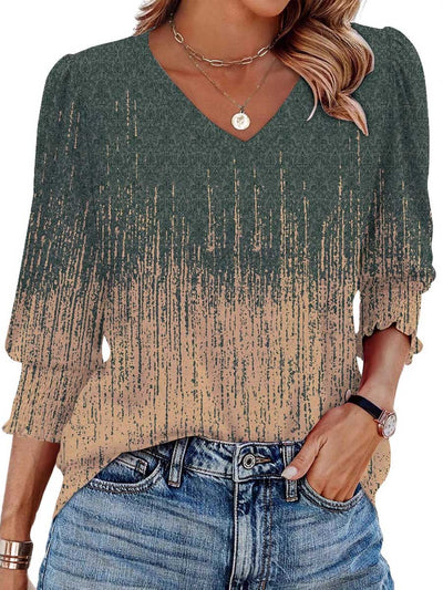 Long Sleeves Loose Contrast Color Pleated Printed Split-Joint V-Neck T-Shirts Tops