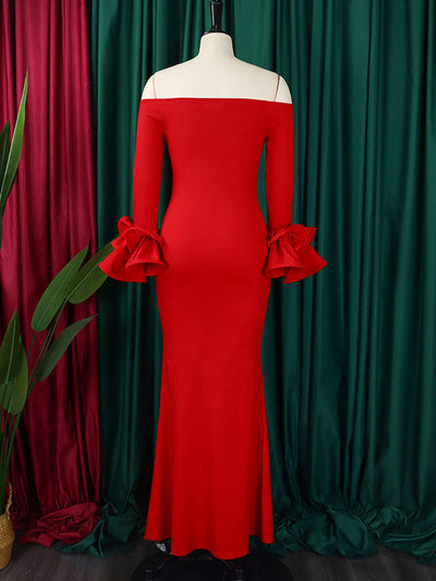 Bodycon Flared Sleeves Falbala Solid Color Split-side Off-the-shoulder Maxi Dresses