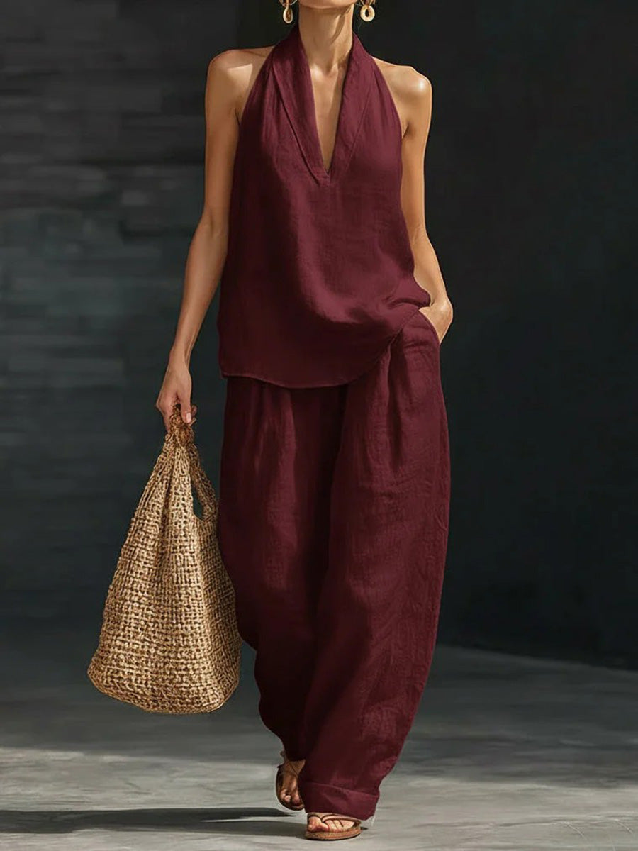 Loose Solid Color V-Neck Sleeveless Vest Top + Pockets Pants Trousers Two Pieces Set