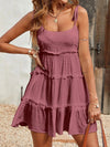A-Line Loose Jacquard Layered Pleated Solid Color Split-Joint Spaghetti-Neck Mini Dresses