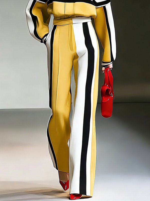 High Waisted Contrast Color Pockets Striped Pants Trousers