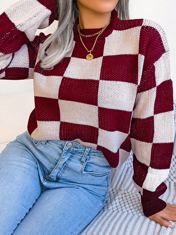 Long Sleeves Loose Contrast Color Plaid Round-Neck Sweater Tops