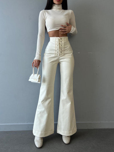 Flared High Waisted Lace-Up Split-Joint Pants Trousers