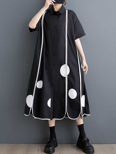 A-Line Half Sleeves Buttoned Pockets Polka-Dot Split-Front Split-Joint Lapel Midi Dresses Shirt Dress