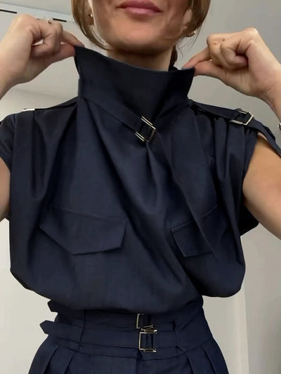 Loose Sleeveless Buckle Solid Color Stand Collar Blouses&Shirts Tops