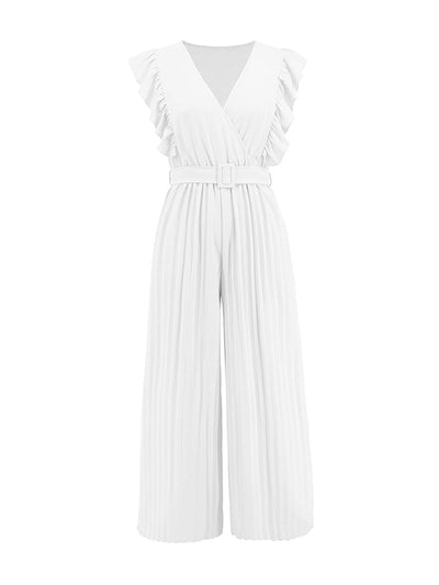 High Waisted Loose Belted Pleated Ruffled Solid Color V-Neck Jumpsuits