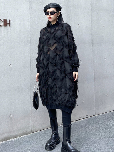 Irregularity Long Sleeves Asymmetric Mesh Pockets See-Through Solid Color Split-Joint Tasseled Stand Collar Midi Dresses