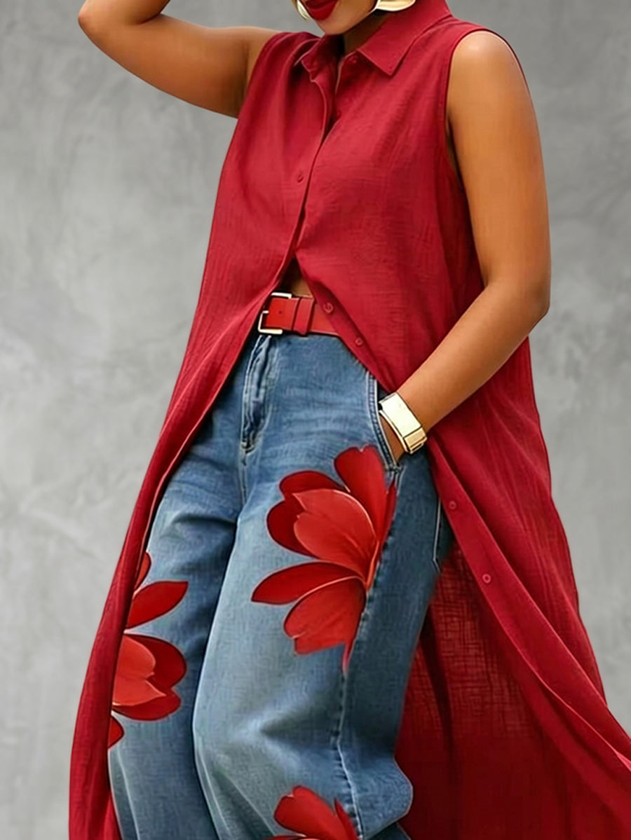 Loose Sleeveless Buttoned Solid Color Lapel Blouses&Shirts Tops
