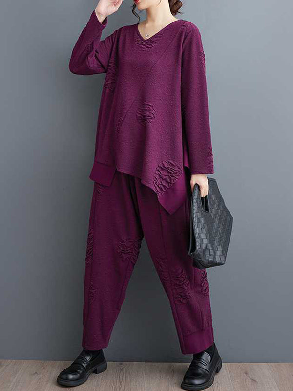 Long Sleeves Asymmetric Solid Color Split-Joint V-Neck T-Shirts Top + Harem Pants Elasticity Pants Bottom Two Pieces Set