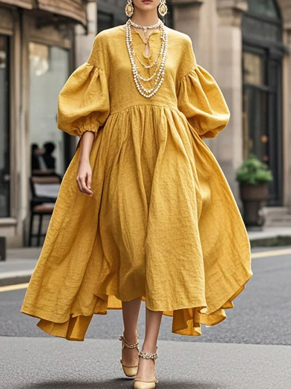 Loose Puff Sleeves Solid Color Round-neck Maxi Dresses