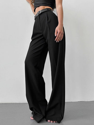 High Waisted Loose No Belt Solid Color Suit Pants Trousers