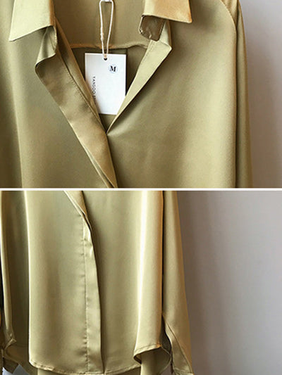Satin V-Neck Loose Solid Color High-Low Long Sleeve Shirts