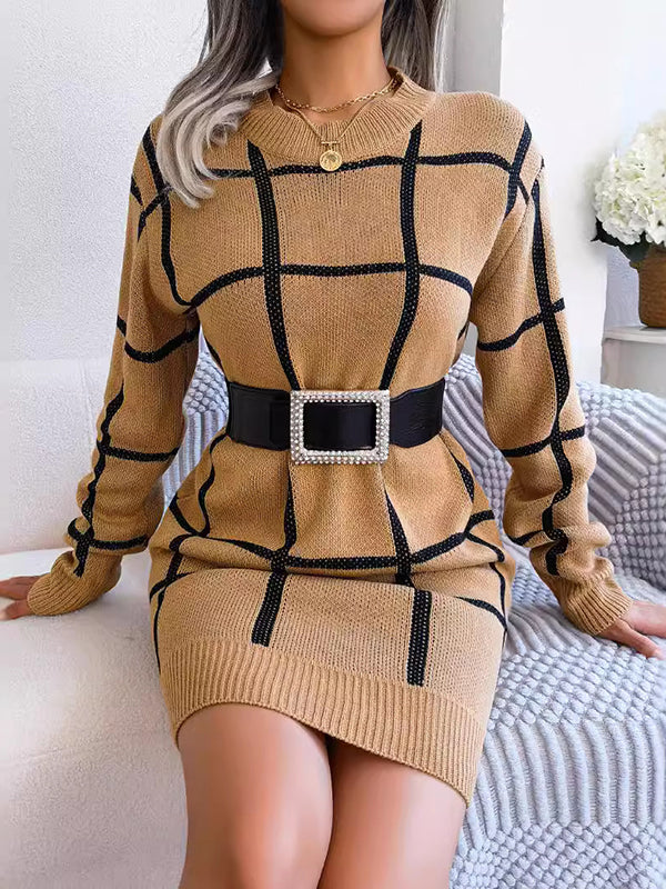 Elasticated Waist Long Sleeves Belted Contrast Color Plaid Round-Neck Mini Dresses Sweater Dresses