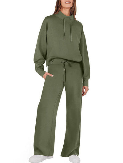 High Waisted Long Sleeves Drawstring Split-Joint Sweatshirt + Pants/Trousers Two Pieces Set