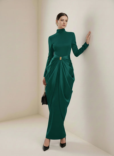 Long Sleeves Buckle Draped High-Neck Evening Dresses Maxi Dresses