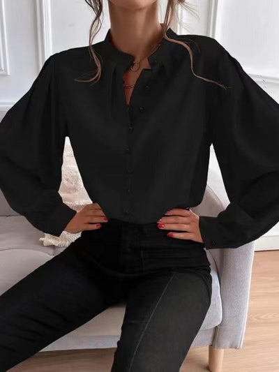 Loose Puff Sleeves Pleated Solid Color Split-Joint Stand Collar Blouses