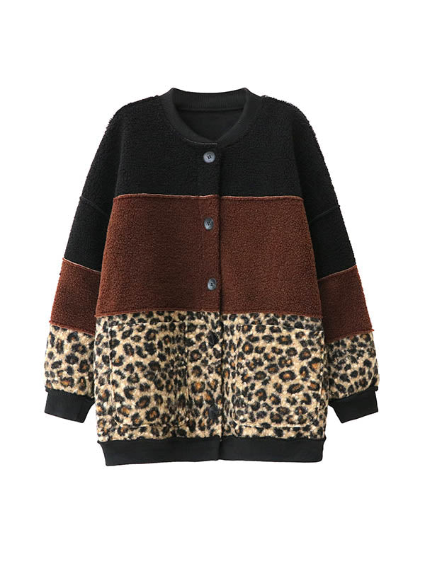 Long Sleeves Loose Buttoned Contrast Color Reversible Split-Joint Round-Neck Cardigan Tops Outerwear