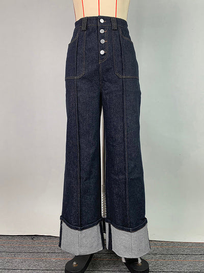 High Waisted Straight Leg Contrast Color Split-Joint Jean Pants Bottoms