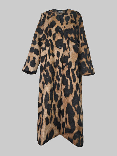 Long Sleeves Loose Buttoned Leopard Pockets Split-Joint V-Neck Outerwear Trench Coats