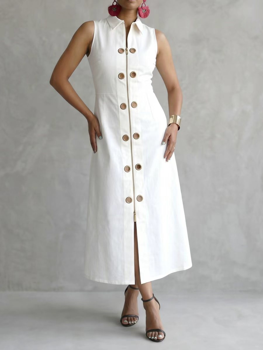 A-Line High Waisted Hollow Solid Color Split-Front Zipper Lapel Maxi Dresses