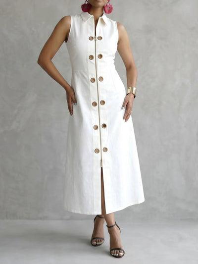 A-Line High Waisted Hollow Solid Color Split-Front Zipper Lapel Maxi Dresses