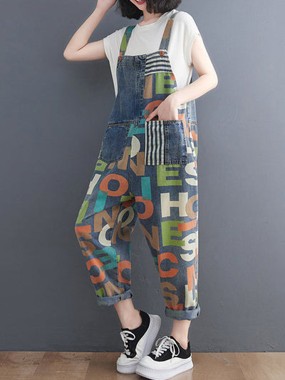 High Waisted Loose Asymmetric Buttoned Letter Print Pockets Split-Joint Striped Overalls