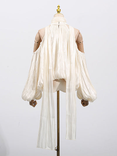 Long Sleeves Loose Pleated Solid Color Tied Halter-Neck Blouses&Shirts Tops