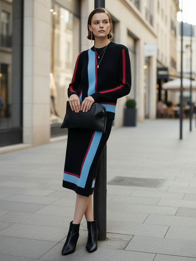 Irregularity Long Sleeves Abstract Printed Asymmetric Contrast Color Ribs Split-Joint Round-Neck Sweater Tops