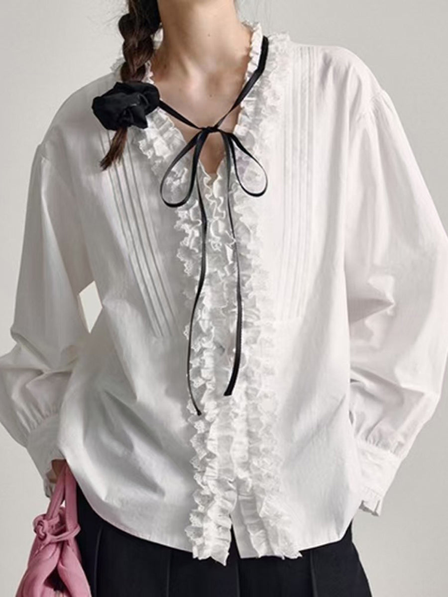 Long Sleeves Loose Buttoned Pleated Ruffled Solid Color V-Neck Blouses&Shirts Tops