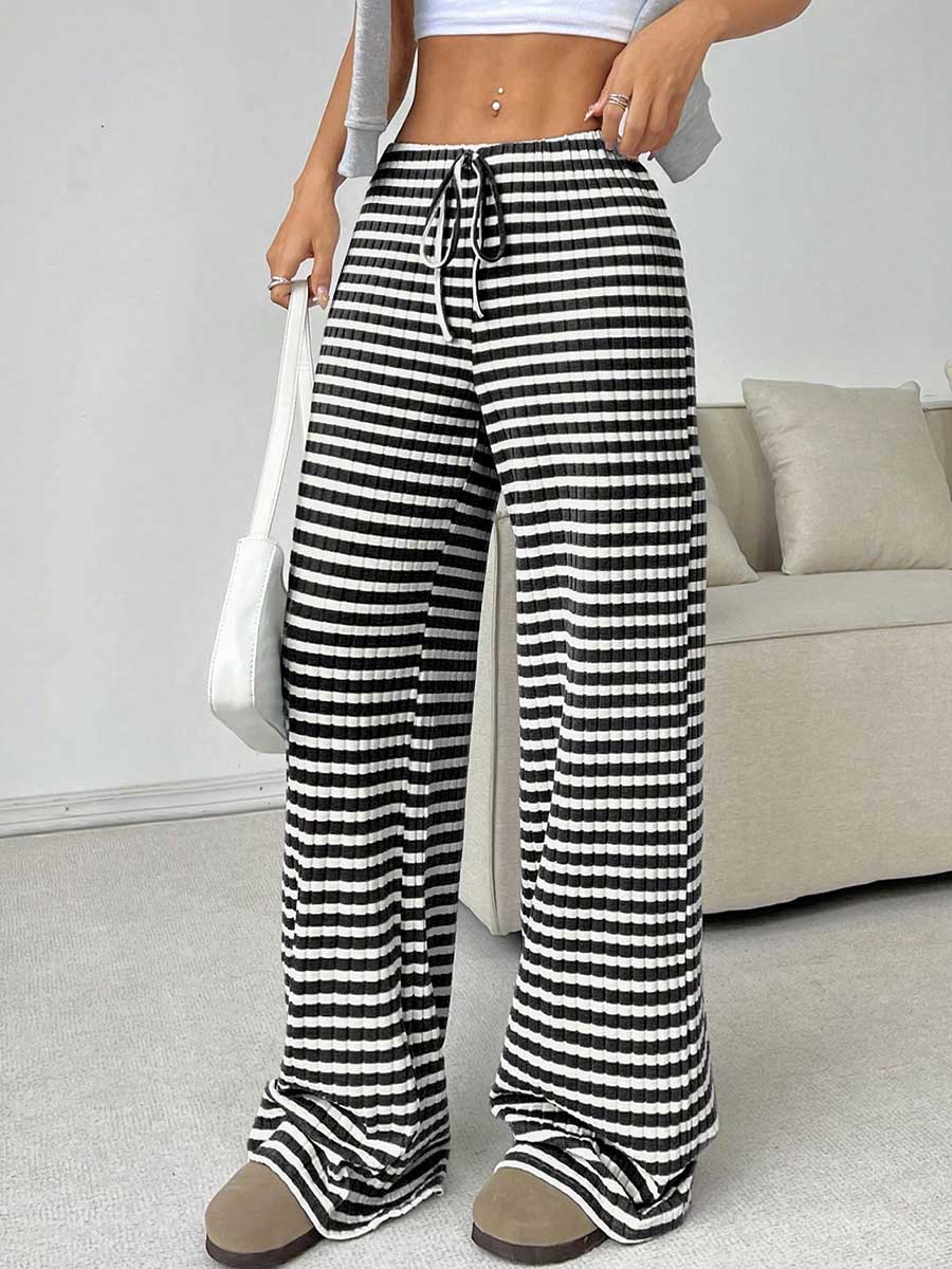 Elasticated Waist High Waisted Contrast Color Drawstring Split-Joint Striped Pants