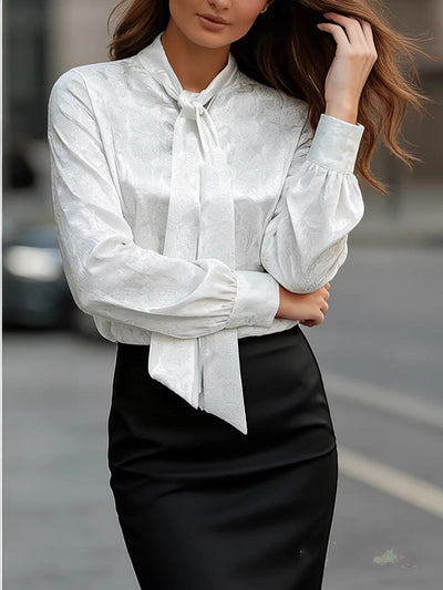 Long Sleeves Buttoned Flower Print Pleated Tied Lapel Collar Blouses&Shirts Tops