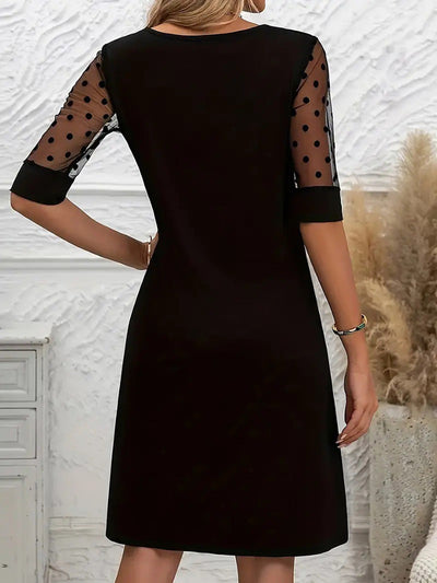 A-Line Half Sleeves Polka-Dot See-Through Solid Color Split-Joint Round-Neck Mini Dresses
