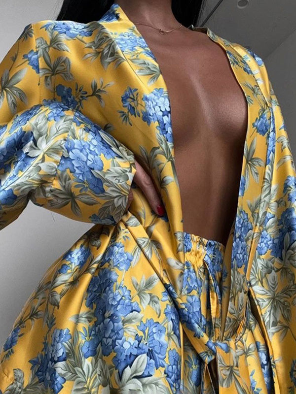 Loose Printed Split-Joint Deep V-Neck Lace-Up Blouse + Drawstring Elasticity Pants Trousers Two Pieces Set