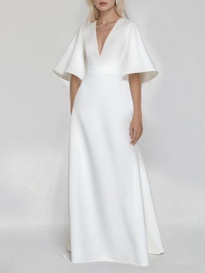 Batwing Sleeves Solid Color Split-Joint V-Neck Evening Dresses Maxi Dresses