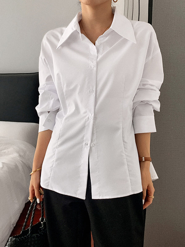 Long Sleeves Loose Buttoned Solid Color Lapel Blouses&Shirts Tops