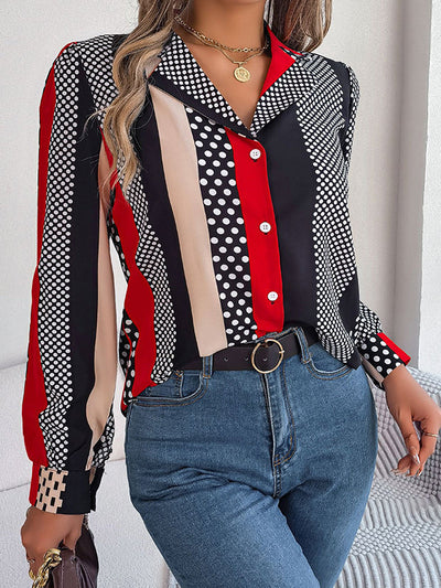 Long Sleeves Buttoned Contrast Color Polka-Dot Notched Collar Blouses&Shirts Tops