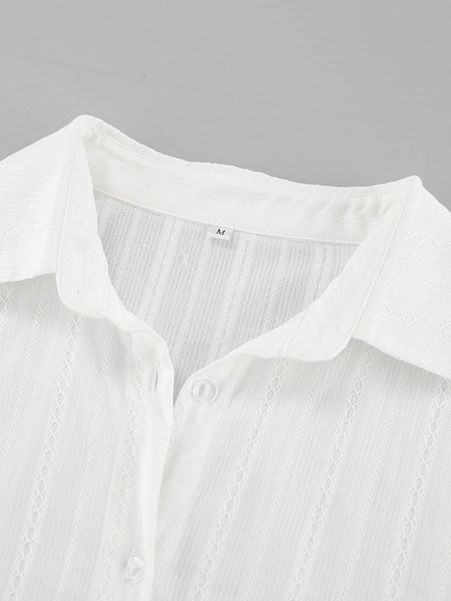 Long Sleeves Loose Buttoned Solid Color Split-Joint Striped Lapel Blouses&Shirts Tops