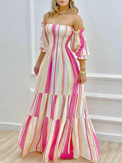 A-Line High Waisted Contrast Color Pleated Split-Joint Off-The-Shoulder Maxi Dresses