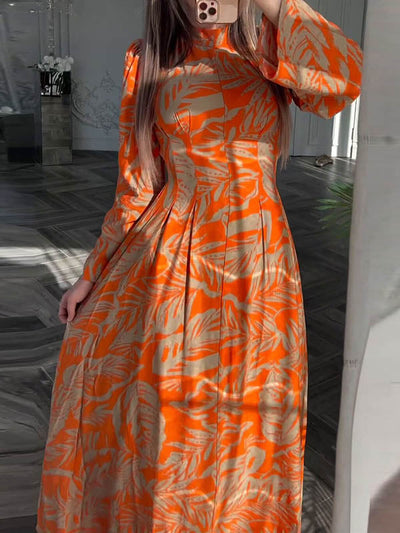 A-Line High Waisted Flower Print Pleated Zipper Mock Neck Maxi Dresses