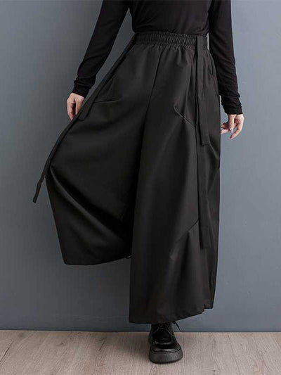 High Waisted Loose Elasticity Pleated Pockets Solid Color Pants Trousers