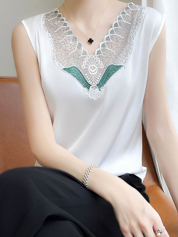 Loose Sleeveless Embroidered Mesh Split-Joint V-Neck Vest Top