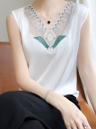 Loose Sleeveless Embroidered Mesh Split-Joint V-Neck Vest Top