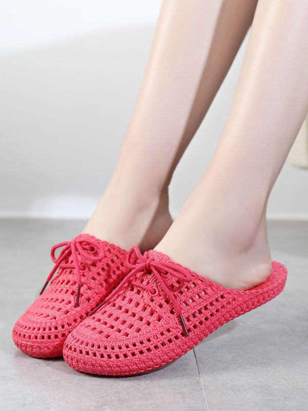 Hollow Lace-Up Round-Toe Mules&Slides Slippers